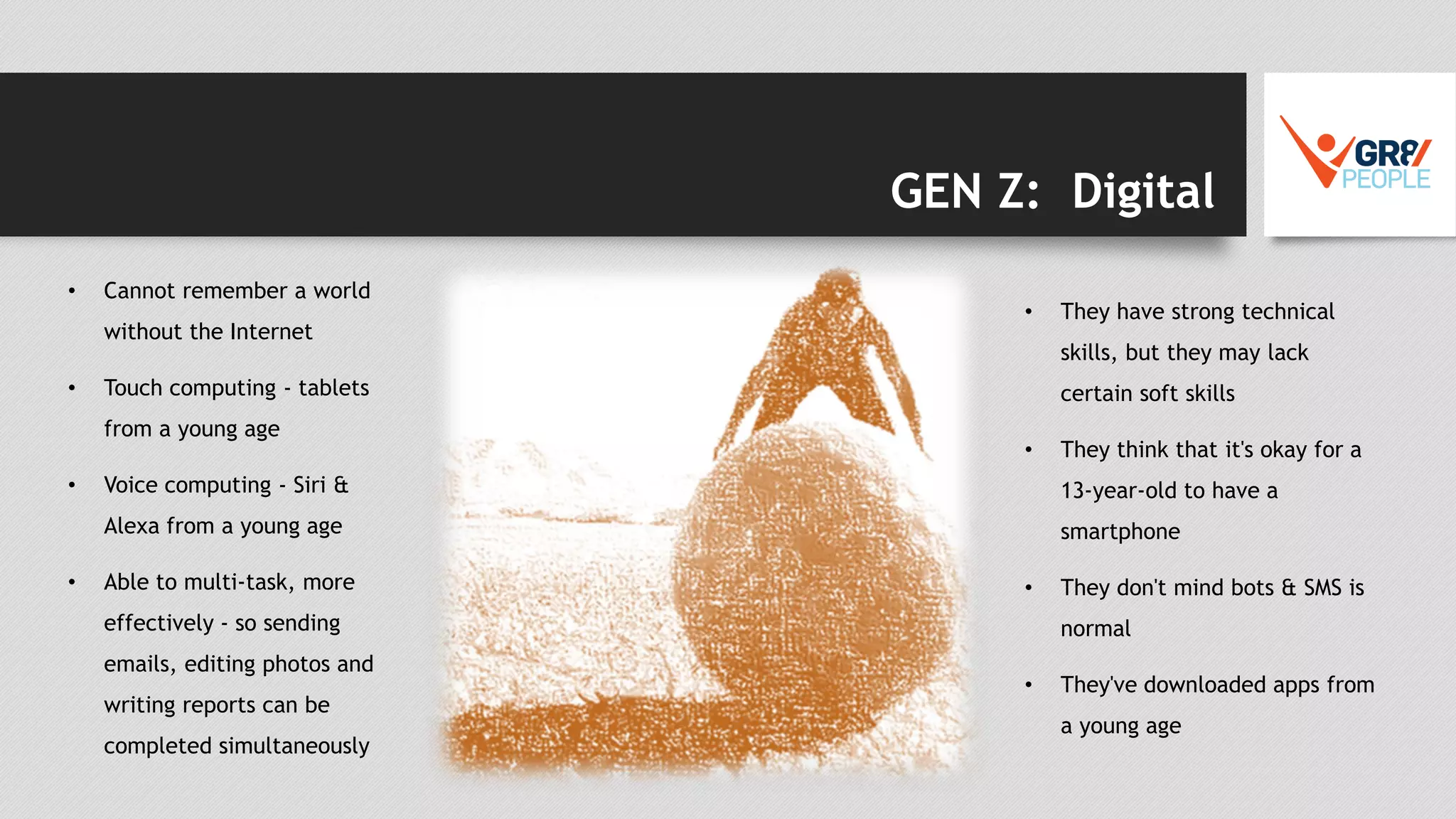 GEN Z: Digital
• Cannot remember a world
without the Internet
• Touch computing - tablets
from a young age
• Voice computing - Siri &
Alexa from a young age
• Able to multi-task, more
effectively - so sending
emails, editing photos and
writing reports can be
completed simultaneously
• They have strong technical
skills, but they may lack
certain soft skills
• They think that it's okay for a
13-year-old to have a
smartphone
• They don't mind bots & SMS is
normal
• They've downloaded apps from
a young age
 