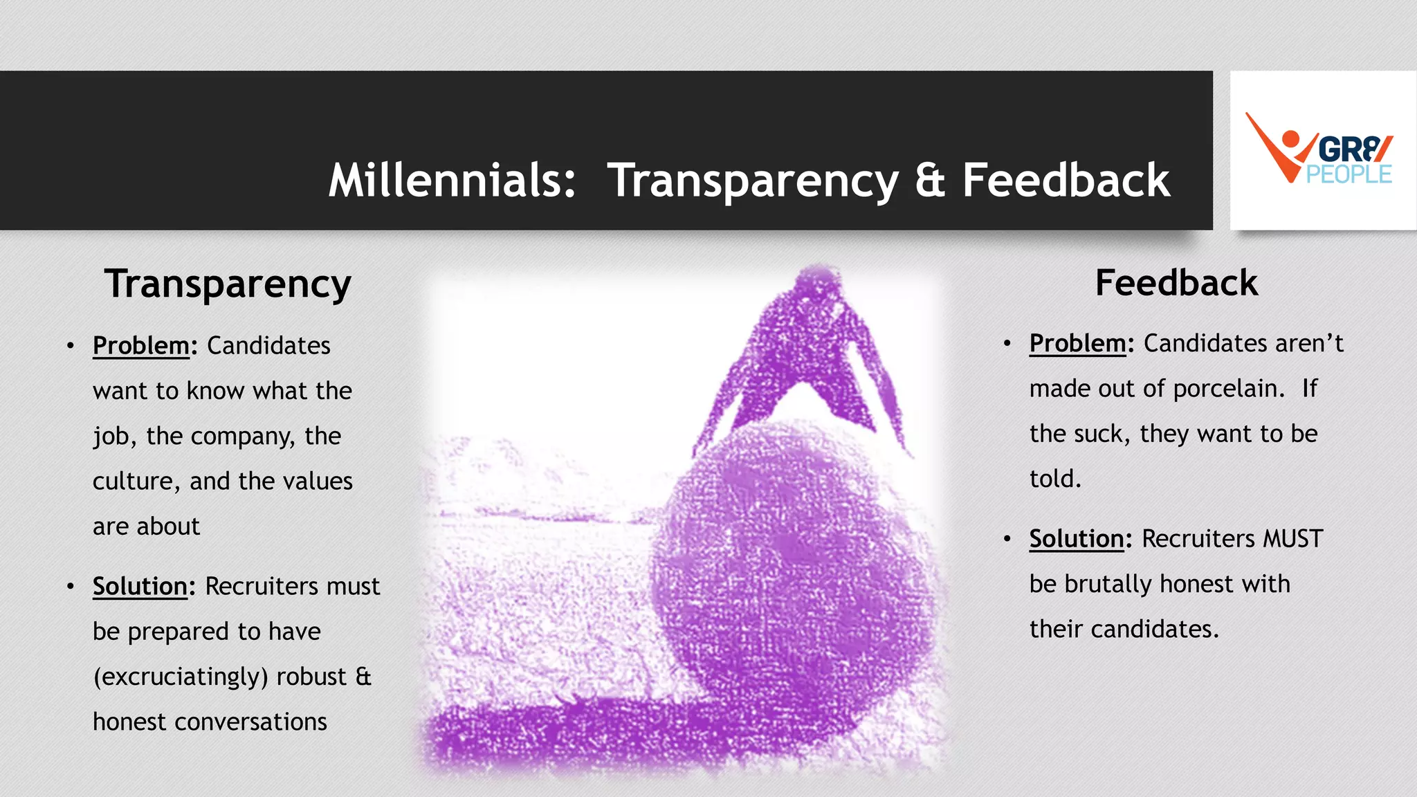 Millennials: Transparency & Feedback
Transparency
• Problem: Candidates
want to know what the
job, the company, the
culture, and the values
are about
• Solution: Recruiters must
be prepared to have
(excruciatingly) robust &
honest conversations
Feedback
• Problem: Candidates aren’t
made out of porcelain. If
the suck, they want to be
told.
• Solution: Recruiters MUST
be brutally honest with
their candidates.
 
