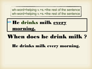 He drinks milk every
morning.
When does he drink milk ?
He drinks milk every morning.
wh-word+helping v.+s.+the rest of the sentence
wh-word+helping v.+s.+the rest of the sentence
 