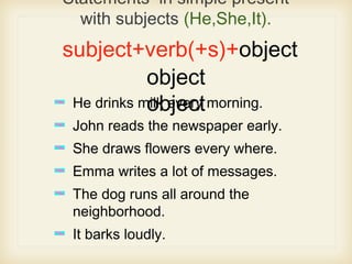 Statements in simple present
with subjects (He,She,It).
subject+verb(+s)+object
object
objectHe drinks milk every morning.
John reads the newspaper early.
She draws flowers every where.
Emma writes a lot of messages.
The dog runs all around the
neighborhood.
It barks loudly.
 
