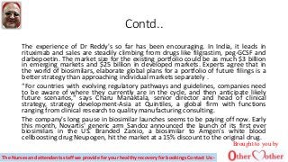 Contd..
The experience of Dr Reddy's so far has been encouraging. In India, it leads in
rituximab and sales are steadily climbing from drugs like filgrastim, peg-GCSF and
darbepoetin. The market size for the existing portfolio could be as much $3 billion
in emerging markets and $25 billion in developed markets. Experts agree that in
the world of biosimilars, elaborate global plans for a portfolio of future filings is a
better strategy than approaching individual markets separately .
“For countries with evolving regulatory pathways and guidelines, companies need
to be aware of where they currently are in the cycle, and then anticipate likely
future scenarios,“ says Charu Manaktala, senior director and head of clinical
strategy, strategy development-Asia at Quintiles, a global firm with functions
ranging from clinical research to quality manufacturing consulting.
The company's long pause in biosimilar launches seems to be paying off now. Early
this month, Novartis' generic arm Sandoz announced the launch of its first ever
biosimilars in the US. Branded Zarxio, a biosimilar to Amgen's white blood
cellboosting drug Neupogen, hit the market at a 15% discount to the original drug.
Brought to you by
The Nurses and attendants staff we provide for your healthy recovery for bookings Contact Us:-
 
