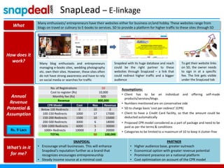 SnapLead – E-linkage
What
How does it
work?
Annual
Revenue
Potential &
Assumption
What’s in it
for me?
Many enthusiasts/ entrepreneurs have their websites either for business or/and hobby. These websites range from
blogs on travel or culinary to E-books to services. SD to provide a platform for higher traffic to these sites through SD
Many blog enthusiasts and entrepreneurs
managing e-books sites, wedding photography
etc. own their sites. However, these sites often
do not have strong awareness and have to rely
on social media or searches for traffic
Snapdeal with its huge database and reach
could be the right partner to these
websites through SnapLead – a link that
could redirect higher traffic and a bigger
audience
To get their website links
on SD, the owner needs
to sign in at a specific
fee. The link gets visible
under the SnapLead tab
Rs. 9 Lacs
SNAPDEAL
• Encourage small businesses. This will enhance
Snapdeal’s reputation further as a brand that
recognizes encourages entrepreneurship
• Steady income source at a minimal cost
PARTNER
• Higher audience base, greater outreach
• Economical option with greater revenue potential
• Prominent presence on a national platform
• Cost optimization on account of the CPR model
No. of Registrations 50
Cost to register (Rs) 10,000
Monthly fee (Rs) 500
Revenue 800,000
Assumptions:
• Client has to be an individual and offering self-made
products/services/blogs.
• Numbers mentioned are on conservative side
• SD to charge basis ‘cost per redirect’ (CPR)
• Client to have a Credit Card facility, so that the amount could be
deducted automatically
• Proposed CPR model considered as a part of package and need to be
paid as per the terms & conditions
• Categories to be limited to a maximum of 10 to keep it clutter-free
CPR Model Cost Nos Revenue
Below 100 Redirects 0 10 0
100-150 Redirects 1000 17 17000
150-200 Redirects 1500 10 15000
200-500 Redirects 3000 6 18000
500-1000 Redirects 6000 5 30000
1000+ Redirects 10000 2 20000
TOTAL 50 100,000
 