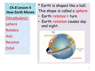 Ch.8 Lesson 4
How Earth Moves
* Earth is shaped like a ball.
This shape is called a sphere
• Earth rotates = turn
• Earth rotation causes day
and night.
(Vocabulary):
sphere
Rotates
Axis
Revolve
Orbit
4
 