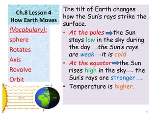 Ch.8 Lesson 4
How Earth Moves
The tilt of Earth changes
how the Sun’s rays strike the
surface.
• At the poles the Sun
stays low in the sky during
the day the Sun’s rays
are weak it is cold
• At the equator the Sun
rises high in the sky the
Sun’s rays are stronger
• Temperature is higher.
(Vocabulary):
sphere
Rotates
Axis
Revolve
Orbit
8
 