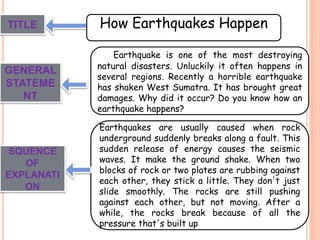 TITLE 
GENERAL 
STATEME 
NT 
How Earthquakes Happen 
Earthquake is one of the most destroying 
natural disasters. Unluckily it often happens in 
several regions. Recently a horrible earthquake 
has shaken West Sumatra. It has brought great 
damages. Why did it occur? Do you know how an 
earthquake happens? 
Earthquakes are usually caused when rock 
underground suddenly breaks along a fault. This 
sudden release of energy causes the seismic 
waves. It make the ground shake. When two 
blocks of rock or two plates are rubbing against 
each other, they stick a little. They don't just 
slide smoothly. The rocks are still pushing 
against each other, but not moving. After a 
while, the rocks break because of all the 
pressure that's built up 
SQUENCE 
OF 
EXPLANATI 
ON 
 