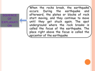 When the rocks break, the earthquake 
occurs. During the earthquake and 
afterward, the plates or blocks of rock 
start moving, and they continue to move 
until they get stuck again. The spot 
underground where the rock breaks is 
called the focus of the earthquake. The 
place right above the focus is called the 
epicenter of the earthquake 
SQUENCE 
OF 
EXPLANATI 
ON 
 