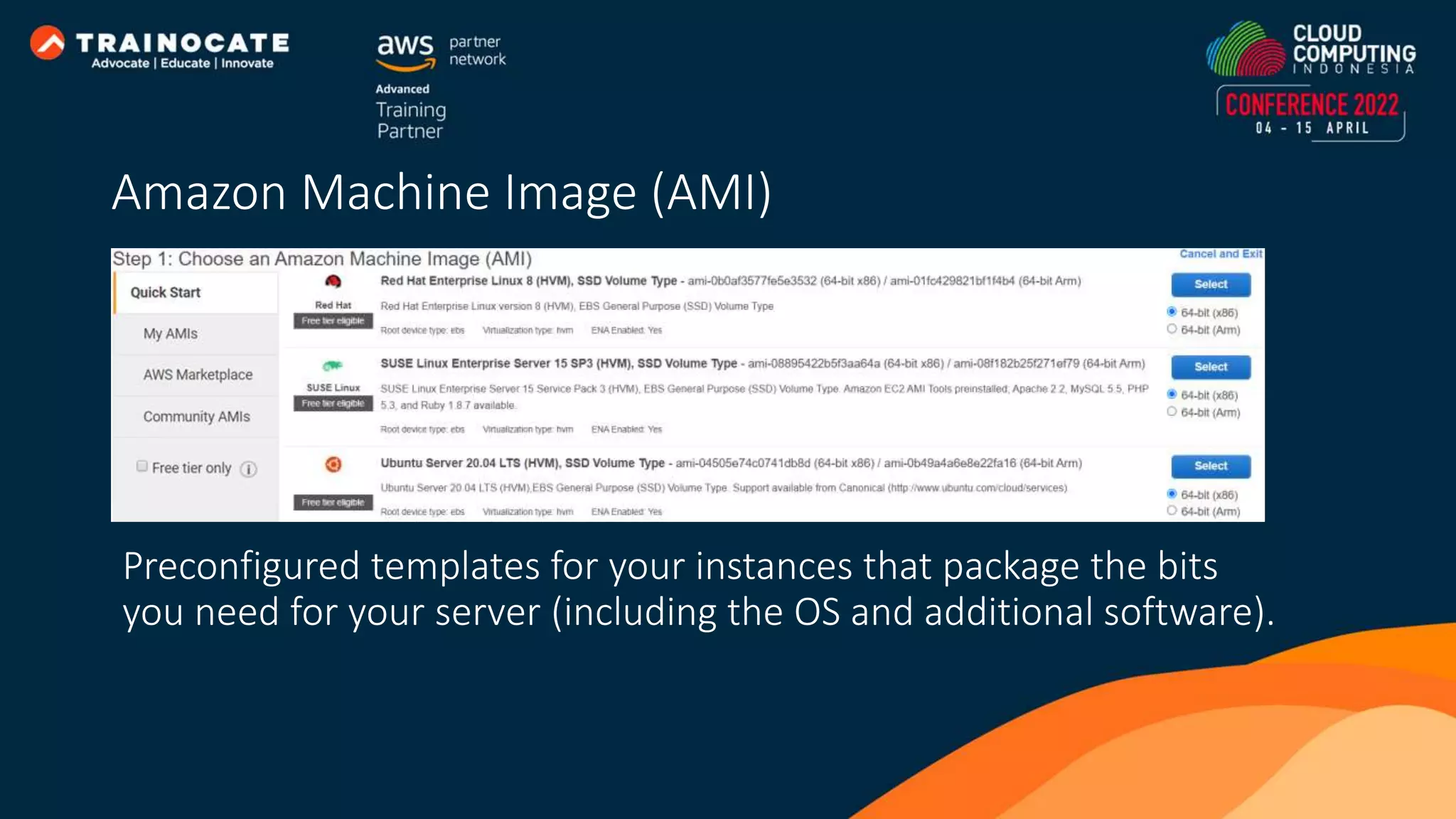 Preconfigured templates for your instances that package the bits you need for your server (including the OS and additional software). Amazon Machine Image (AMI) 