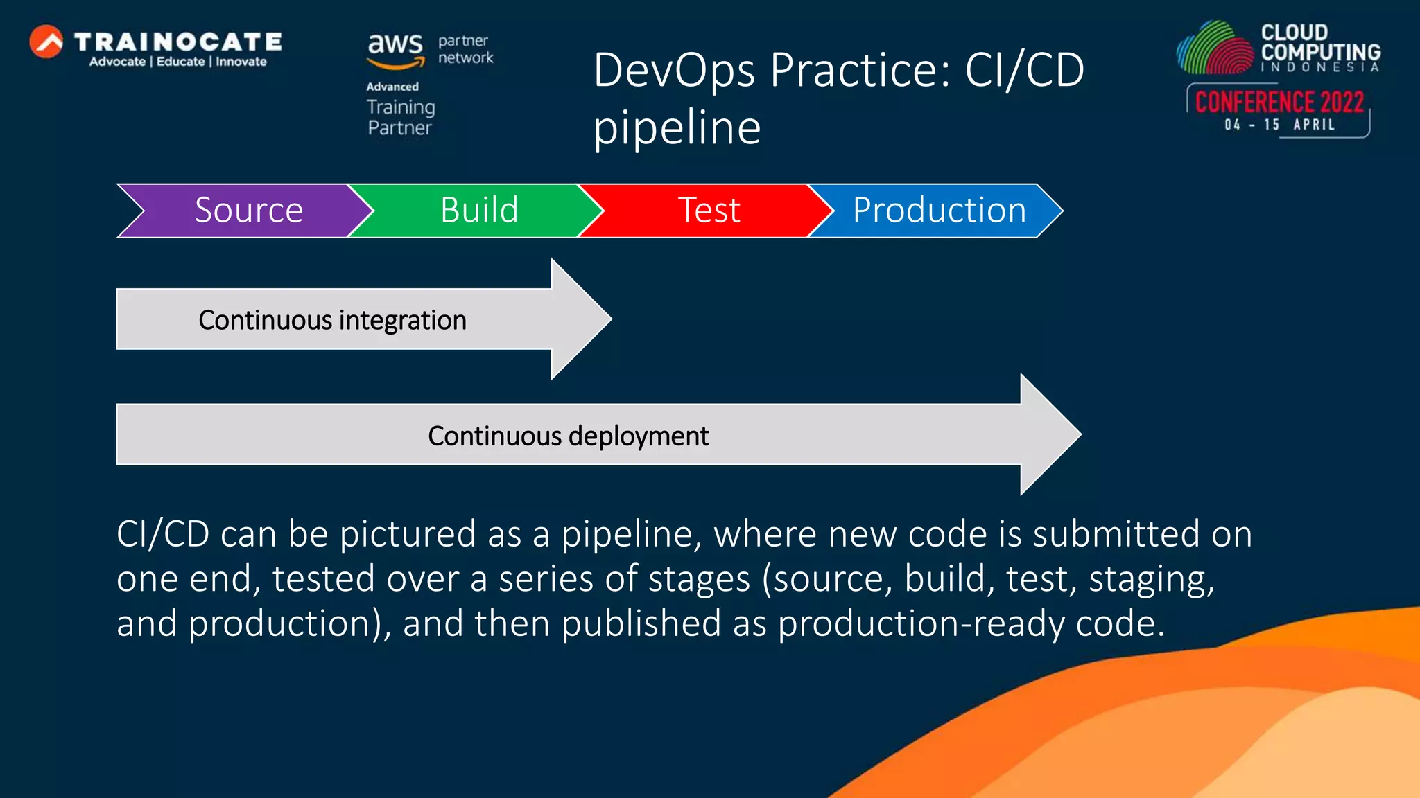 Source Build Test Production CI/CD can be pictured as a pipeline, where new code is submitted on one end, tested over a series of stages (source, build, test, staging, and production), and then published as production-ready code. Continuous integration Continuous deployment DevOps Practice: CI/CD pipeline 