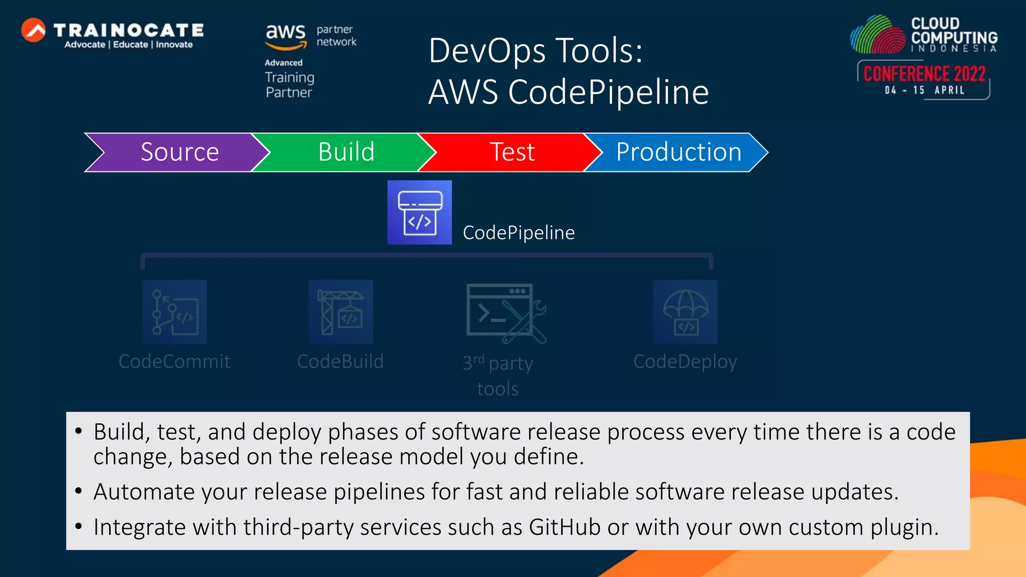 DevOps Tools: AWS CodePipeline • Build, test, and deploy phases of software release process every time there is a code change, based on the release model you define. • Automate your release pipelines for fast and reliable software release updates. • Integrate with third-party services such as GitHub or with your own custom plugin. Source Build Test Production CodeCommit CodeBuild CodeDeploy CodePipeline 3rd party tools 