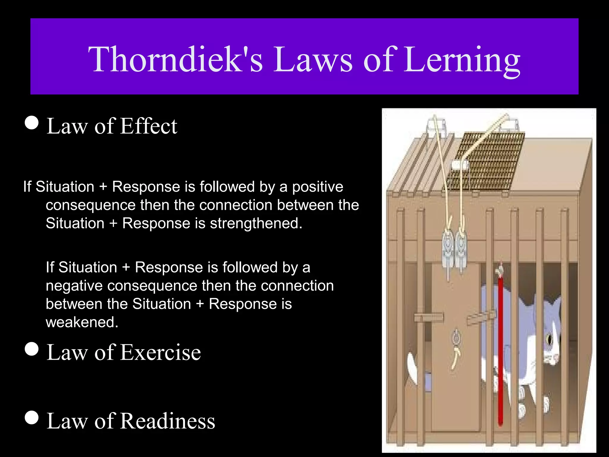 Thorndiek's Laws of Lerning
Law of Effect
If Situation + Response is followed by a positive
consequence then the connection between the
Situation + Response is strengthened.
If Situation + Response is followed by a
negative consequence then the connection
between the Situation + Response is
weakened.

Law of Exercise
Law of Readiness

 