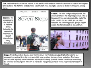 Text: the text written above the title “inspired by a true story” emphasises the verisimilitude created in the story and suggests
to the audience that the film is centred around social realism. Thus allowing the audience to identify the films genre as being
drama .

Costume: The
protagonist is
also depicted
in the same
clothes
featured in the
trailer which
references his
state of
disequilibrium
being
homeless .

Colours: The white background symbolises, the
dreams and hopes that the protagonist has. This is
likewise with the scene depicted at the start of the
trailer in which it is very bright, which in effect
forebodes that something good is going to happen
despite the characters state of disequilibrium.

Image : The protagonists is standing away from the crowd into the distance suggesting that he is alone and
separated from society. He is also looking up which have conations of dreams, hope, aspirations. This is also
depicted in the beginning scene where he is also alone and looking up above the sea. Furthermore emphasising
the emotional and moving side of the film as well as the protagonists journey to finding happiness and freedom in
himself.

 