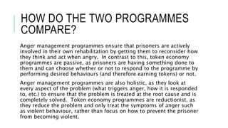 HOW DO THE TWO PROGRAMMES 
COMPARE? 
Anger management programmes ensure that prisoners are actively 
involved in their own rehabilitation by getting them to reconsider how 
they think and act when angry. In contrast to this, token economy 
programmes are passive, as prisoners are having something done to 
them and can choose whether or not to respond to the programme by 
performing desired behaviours (and therefore earning tokens) or not. 
Anger management programmes are also holistic, as they look at 
every aspect of the problem (what triggers anger, how it is responded 
to, etc.) to ensure that the problem is treated at the root cause and is 
completely solved. Token economy programmes are reductionist, as 
they reduce the problem and only treat the symptoms of anger such 
as violent behaviour, rather than focus on how to prevent the prisoner 
from becoming violent. 
 