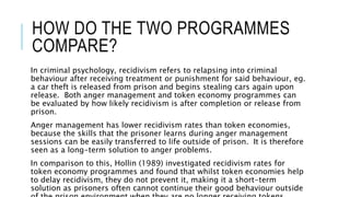 HOW DO THE TWO PROGRAMMES 
COMPARE? 
In criminal psychology, recidivism refers to relapsing into criminal 
behaviour after receiving treatment or punishment for said behaviour, eg. 
a car theft is released from prison and begins stealing cars again upon 
release. Both anger management and token economy programmes can 
be evaluated by how likely recidivism is after completion or release from 
prison. 
Anger management has lower recidivism rates than token economies, 
because the skills that the prisoner learns during anger management 
sessions can be easily transferred to life outside of prison. It is therefore 
seen as a long-term solution to anger problems. 
In comparison to this, Hollin (1989) investigated recidivism rates for 
token economy programmes and found that whilst token economies help 
to delay recidivism, they do not prevent it, making it a short-term 
solution as prisoners often cannot continue their good behaviour outside 
of the prison environment when they are no longer receiving tokens. 
 