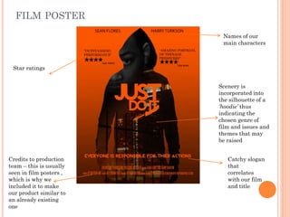FILM POSTER
“OUTSTANDING
PERFORMANCE”
GHS TIMES
“AMAZING PORTRAYL
OF TEENAGE
PRESSURES”
THE BASE
Star ratings
Names of our
main characters
Catchy slogan
that
correlates
with our film
and title
Scenery is
incorporated into
the silhouette of a
‘hoodie’ thus
indicating the
chosen genre of
film and issues and
themes that may
be raised
Credits to production
team – this is usually
seen in film posters ,
which is why we
included it to make
our product similar to
an already existing
one
 