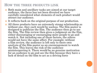 HOW THE THREE PRODUCTS LINK
 Both main and ancillary tasks are aimed at our target
audience, the focus has not been diverted we have
carefully considered what elements of each product would
attract our audience.
 It reflects back on the original purpose of our production.
 All three products have an extremely strong relationship as
without one, they each would be useless. The film poster is
designed to publicize the film. The audience then go to see
the film. The film review then gives a judgment on the film,
either discouraging or encouraging more people to go and
watch it. Not including one of these factors, the others
would not have the same affect. For example; without
a film review, the audience is left only to there own
analysis of the film poster as an encouragement to watch
the film. This leaves the risk of the audience
misinterpreting it. There would be no genuine motivation
for an audience to go and see the film because they have s
lack of detail on the film to act as a driving force
 