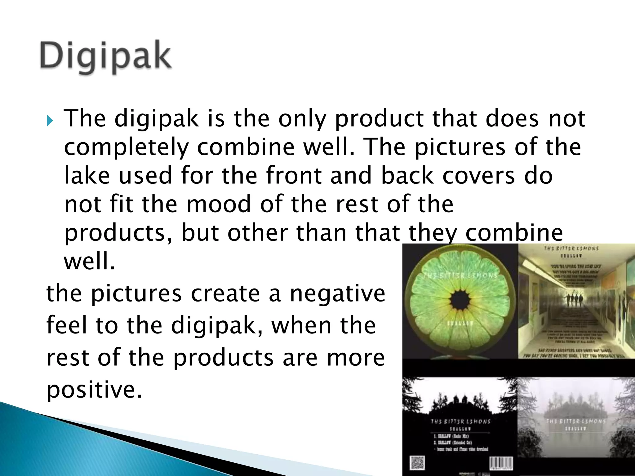  The digipak is the only product that does not
completely combine well. The pictures of the
lake used for the front and back covers do
not fit the mood of the rest of the
products, but other than that they combine
well.
the pictures create a negative
feel to the digipak, when the
rest of the products are more
positive.
 