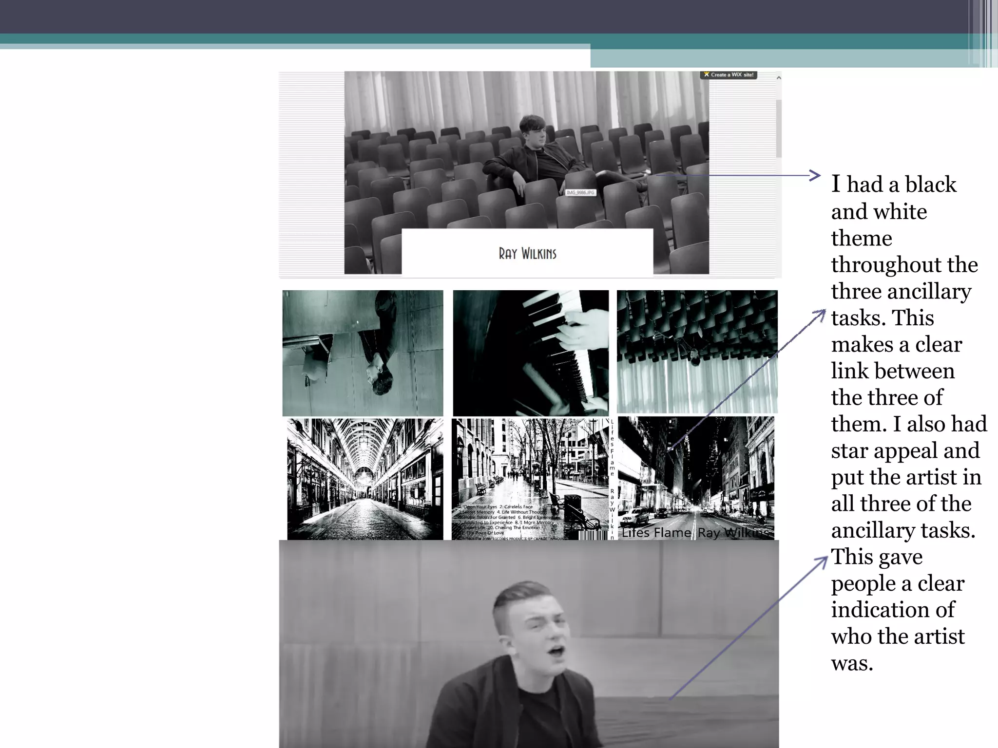 I had a black
and white
theme
throughout the
three ancillary
tasks. This
makes a clear
link between
the three of
them. I also had
star appeal and
put the artist in
all three of the
ancillary tasks.
This gave
people a clear
indication of
who the artist
was.
 