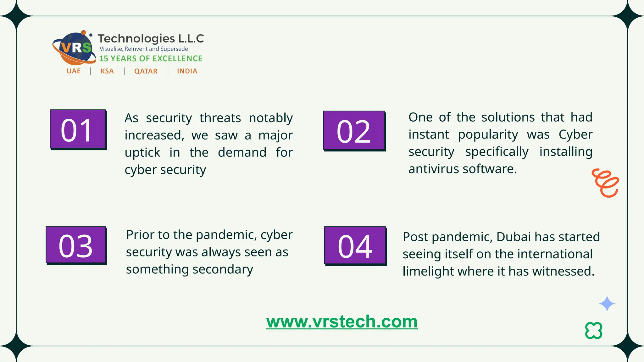 01
As security threats notably
increased, we saw a major
uptick in the demand for
cyber security
02
One of the solutions that had
instant popularity was Cyber
security specifically installing
antivirus software.
03
Prior to the pandemic, cyber
security was always seen as
something secondary
04
Post pandemic, Dubai has started
seeing itself on the international
limelight where it has witnessed.
www.vrstech.com
 