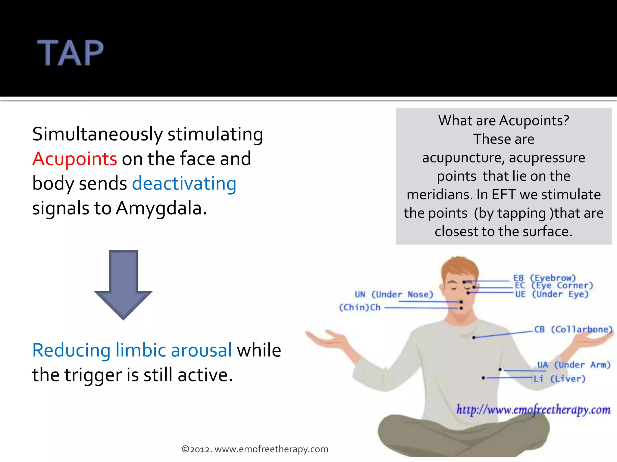 What are Acupoints?
Simultaneously stimulating                           These are acupuncture,
Acupoints on the face and                         acupressure points that lie on
                                                    the meridians. In EFT we
body sends deactivating                             stimulate the points (by
signals to Amygdala.                             tapping )that are closest to the
                                                            surface.




Reducing limbic arousal while
the trigger is still active.


                 ©2012. www.emofreetherapy.com
 