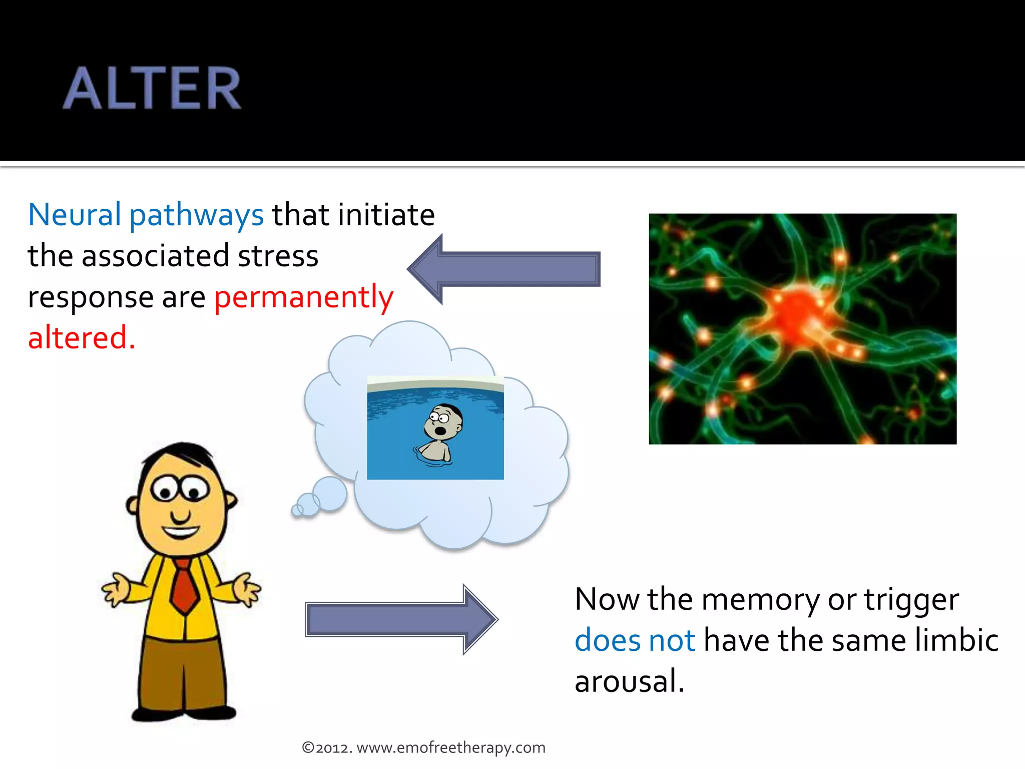 Neural pathways that initiate
the associated stress
response are permanently
altered.




                                                   Now the memory or trigger
                                                   does not have the same limbic
                                                   arousal.
                   ©2012. www.emofreetherapy.com
 