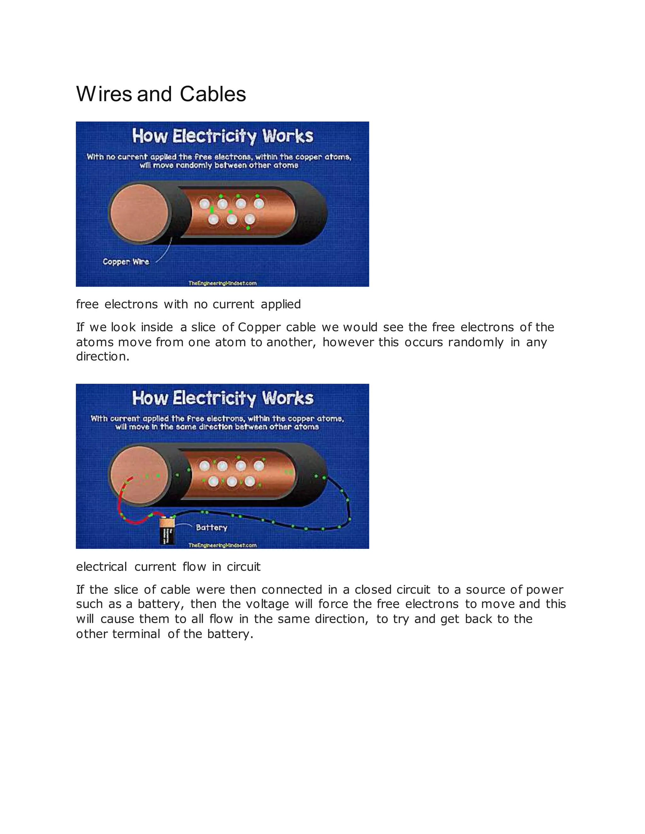 Wires and Cables
free electrons with no current applied
If we look inside a slice of Copper cable we would see the free electrons of the
atoms move from one atom to another, however this occurs randomly in any
direction.
electrical current flow in circuit
If the slice of cable were then connected in a closed circuit to a source of power
such as a battery, then the voltage will force the free electrons to move and this
will cause them to all flow in the same direction, to try and get back to the
other terminal of the battery.
 