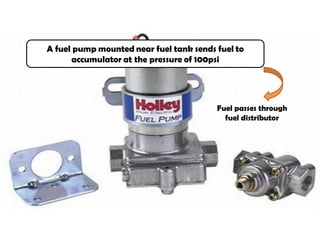 A fuel pump mounted near fuel tank sends fuel to
accumulator at the pressure of 100psi
Fuel passes through
fuel distributor
 