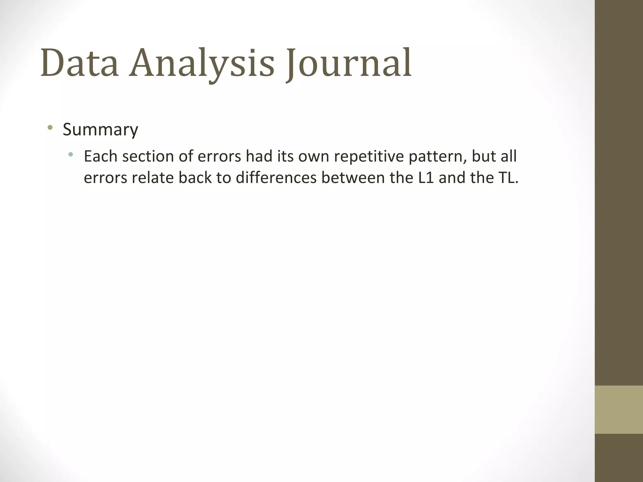 Data Analysis Journal Summary Each section of errors had its own repetitive pattern, but all errors relate back to differences between the L1 and the TL.  