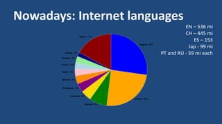 Nowadays: Internet languages 
EN – 536 mi 
CH – 445 mi 
ES – 153 
Jap - 99 mi 
PT and RU - 59 mi each 
 