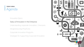 Innovation Basics
Status of Innovation in the Enterprise
Understanding corporate innovation: 3 Horizons
Intrapreneurship Pros/Cons
Corporate Innovation Programs
Strategies for Supporting Corporate Innovation
Agenda
TODAY'S MENU
 