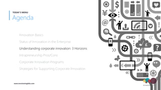 Innovation Basics
Status of Innovation in the Enterprise
Understanding corporate innovation: 3 Horizons
Intrapreneurship Pros/Cons
Corporate Innovation Programs
Strategies for Supporting Corporate Innovation
Agenda
TODAY'S MENU
www.envisioninglabs.com
 