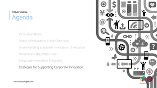 Innovation Basics
Status of Innovation in the Enterprise
Understanding corporate innovation: 3 Horizons
Intrapreneurship Pros/Cons
Corporate Innovation Programs
Strategies for Supporting Corporate Innovation
Agenda
TODAY'S MENU
www.envisioninglabs.com
 