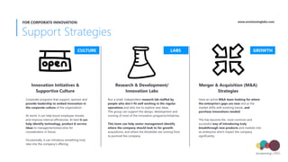 Support Strategies
FOR CORPORATE INNOVATION
Innovation Initiatives &  
Supportive Culture
Research & Development/ 
Innovation Labs
Merger & Acquisition (M&A) 
Strategies
Corporate programs that support, sponsor and
provide leadership to embed innovation in
the corporate culture of the organization.
At worst, it can help boost employee morale,
and improve internal efficiencies. At best it can
help identify technology, product & service
ideas to management/executive for
consideration in future.
Occasionally, it can introduce something truly
new into the company’s offering. 
Run a small, independent research lab staffed by
people who don’t fit well working in the regular
operations and who live to explore new ideas.
This group can support the design, development and
running of most of the innovation programs/initiatives.
This team can help senior management identify
where the company should look to for growth,
acquisitions, and where the blindsides are coming from
to pummel the company. 
Have an active M&A team looking for where
the enterprise’s gaps are now and as the
market shifts with evolving trends, and
purchase innovations needed.
This has become the  most common and
successful way of introducing truly
breakthrough new products and markets into
an enterprise which impact the company
significantly.
CULTURE LABS GROWTH
www.envisioninglabs.com
 