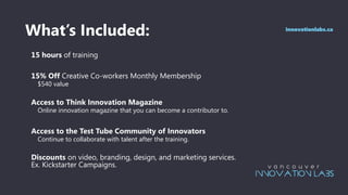 What’s Included:
15 hours of training
15% Off Creative Co-workers Monthly Membership
$540 value
Access to Think Innovation Magazine
Online innovation magazine that you can become a contributor to.
Access to the Test Tube Community of Innovators
Continue to collaborate with talent after the training.
Discounts on video, branding, design, and marketing services.  
Ex. Kickstarter Campaigns.
innovationlabs.ca
 