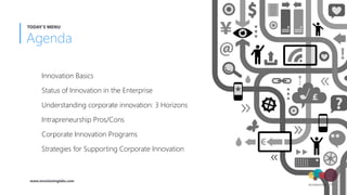 Innovation Basics
Status of Innovation in the Enterprise
Understanding corporate innovation: 3 Horizons
Intrapreneurship Pros/Cons
Corporate Innovation Programs
Strategies for Supporting Corporate Innovation
Agenda
TODAY'S MENU
www.envisioninglabs.com
 