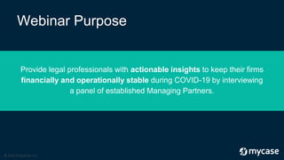 3 2020 © AppFolio, Inc.
Webinar Purpose
Provide legal professionals with actionable insights to keep their firms
financial...