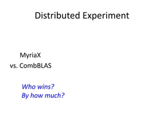 Distributed Experiment
MyriaX
vs. CombBLAS
Who wins?
By how much?
 