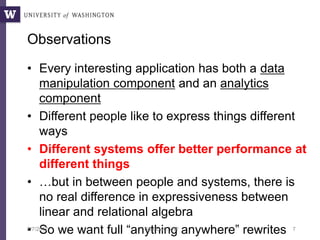 Observations
• Every interesting application has both a data
manipulation component and an analytics
component
• Different people like to express things different
ways
• Different systems offer better performance at
different things
• …but in between people and systems, there is
no real difference in expressiveness between
linear and relational algebra
• So we want full “anything anywhere” rewrites8/7/2017 Bill Howe, UW 7
 