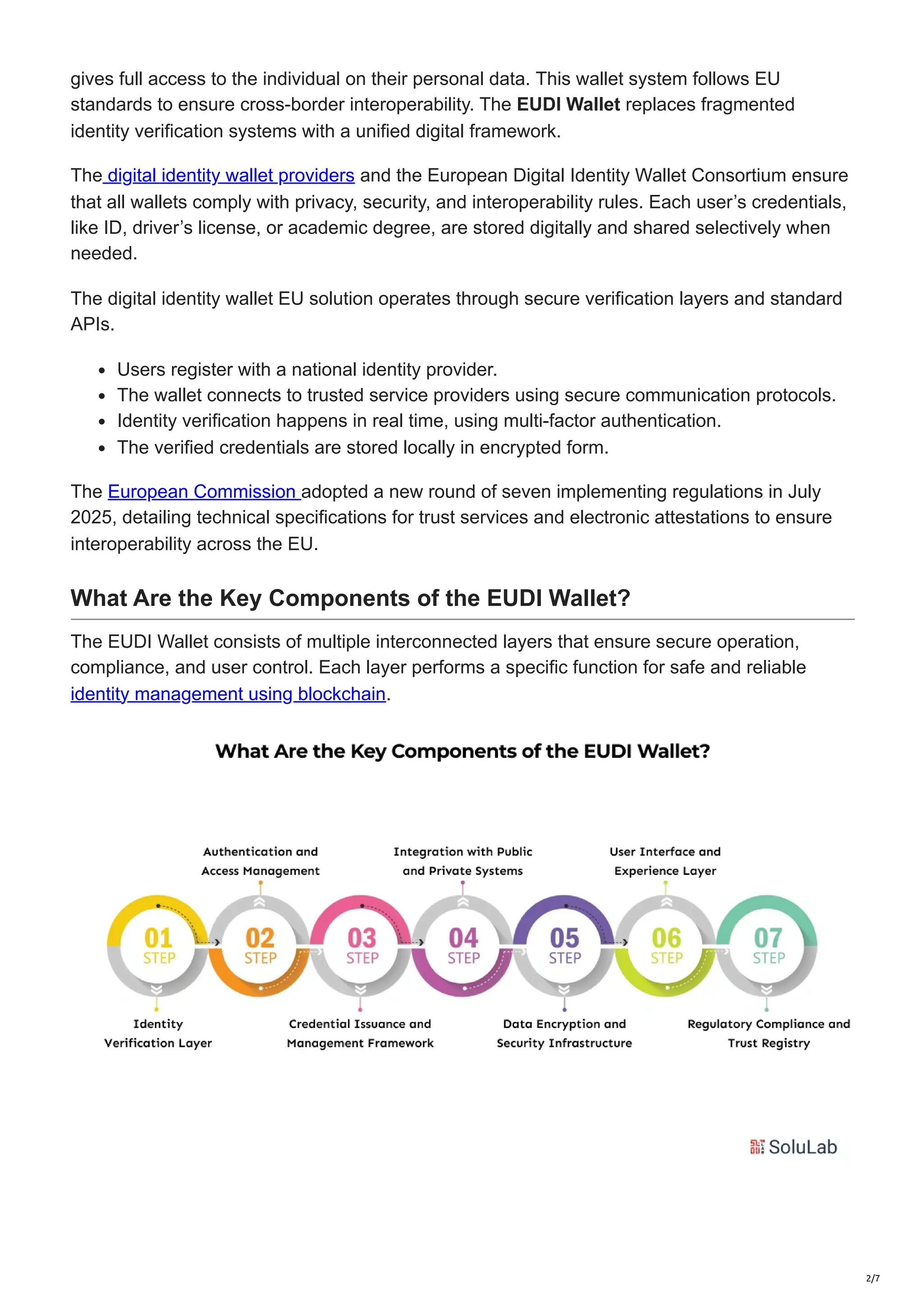 gives full access to the individual on their personal data. This wallet system follows EU
standards to ensure cross-border interoperability. The EUDI Wallet replaces fragmented
identity verification systems with a unified digital framework.
The digital identity wallet providers and the European Digital Identity Wallet Consortium ensure
that all wallets comply with privacy, security, and interoperability rules. Each user’s credentials,
like ID, driver’s license, or academic degree, are stored digitally and shared selectively when
needed.
The digital identity wallet EU solution operates through secure verification layers and standard
APIs.
Users register with a national identity provider.
The wallet connects to trusted service providers using secure communication protocols.
Identity verification happens in real time, using multi-factor authentication.
The verified credentials are stored locally in encrypted form.
The European Commission adopted a new round of seven implementing regulations in July
2025, detailing technical specifications for trust services and electronic attestations to ensure
interoperability across the EU.
What Are the Key Components of the EUDI Wallet?
The EUDI Wallet consists of multiple interconnected layers that ensure secure operation,
compliance, and user control. Each layer performs a specific function for safe and reliable
identity management using blockchain.
2/7
 
