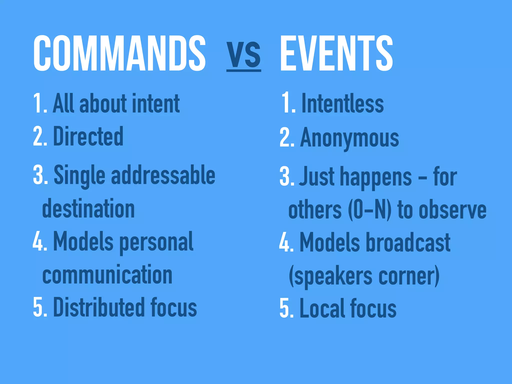 Commands Eventsvs
1. All about intent
2. Directed
3. Single addressable
destination
4. Models personal
communication
5. Distributed focus
1. Intentless
2. Anonymous
3. Just happens - for
others (0-N) to observe
4. Models broadcast
(speakers corner)
5. Local focus
 
