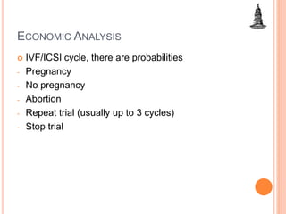 ECONOMIC ANALYSIS
 IVF/ICSI cycle, there are probabilities
- Pregnancy
- No pregnancy
- Abortion
- Repeat trial (usually up to 3 cycles)
- Stop trial
 