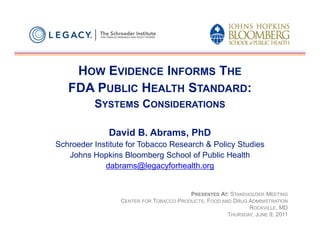 HOW EVIDENCE INFORMS THE
   FDA PUBLIC HEALTH STANDARD:
          SYSTEMS CONSIDERATIONS

              David B. Abrams, PhD
Schroeder Institute for Tobacco Research & Policy Studies
   Johns Hopkins Bloomberg School of Public Health
             dabrams@legacyforhealth.org


                                        PRESENTED AT: STAKEHOLDER MEETING
                 CENTER FOR TOBACCO PRODUCTS, FOOD AND DRUG ADMINISTRATION
                                                            ROCKVILLE, MD
                                                     THURSDAY, JUNE 9, 2011
 