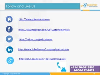 13Copyright © cyfuture.com
Follow and Like Us
http://www.go4customer.com
https://www.facebook.com/Go4CustomerServices
https://twitter.com/go4customer
https://www.linkedin.com/company/go4customer
https://plus.google.com/+go4customer/posts
+91-120-6619505
1-800-212-2022
 