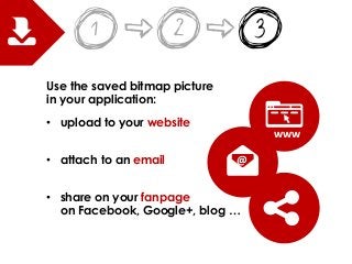 Use the saved bitmap picture
in your application:
• upload to your website
• attach to an email
• share on your fanpage
on...