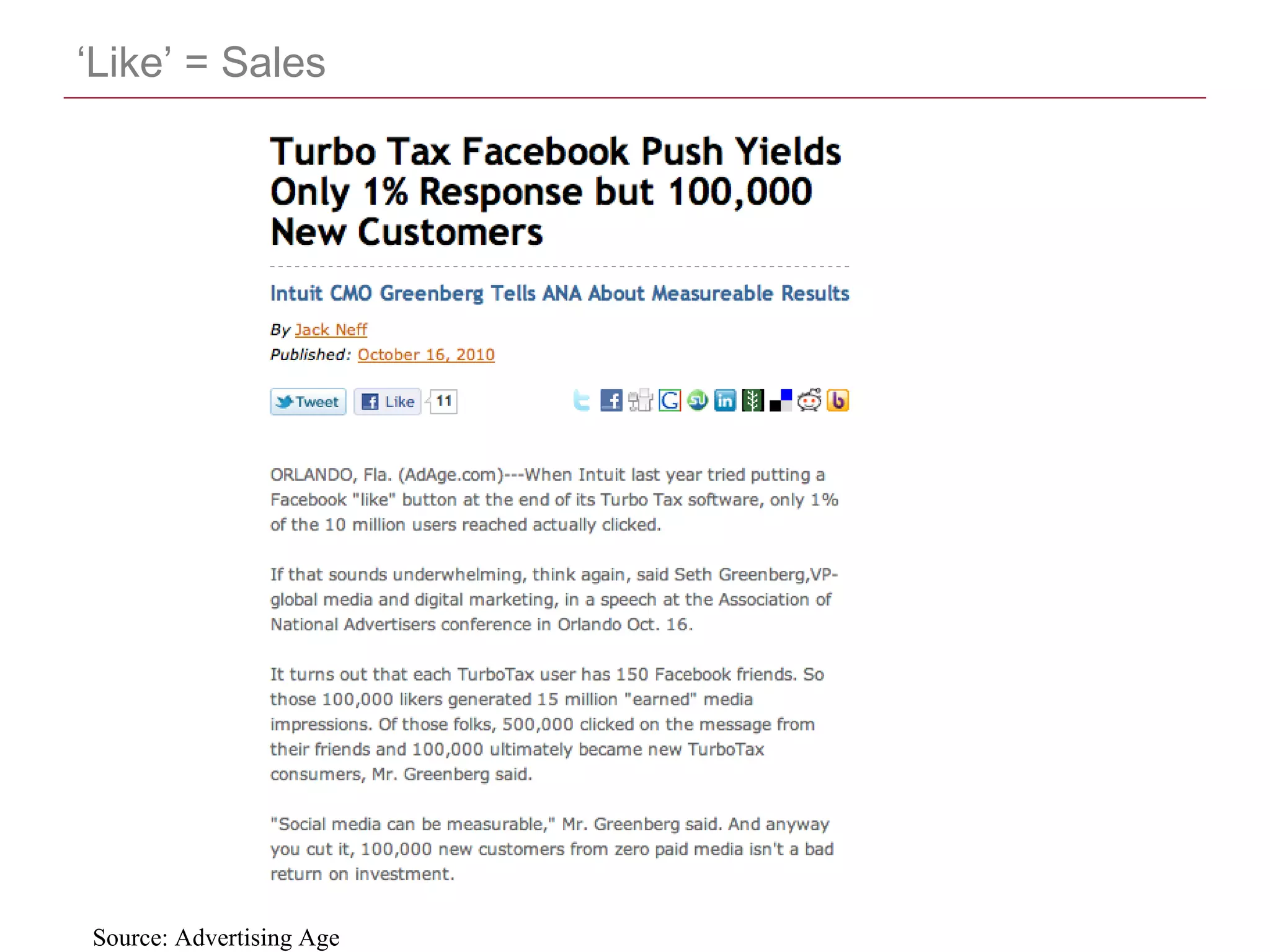 CONFIDENTIAL
‘Like’ = Sales
Source: Advertising Age
 