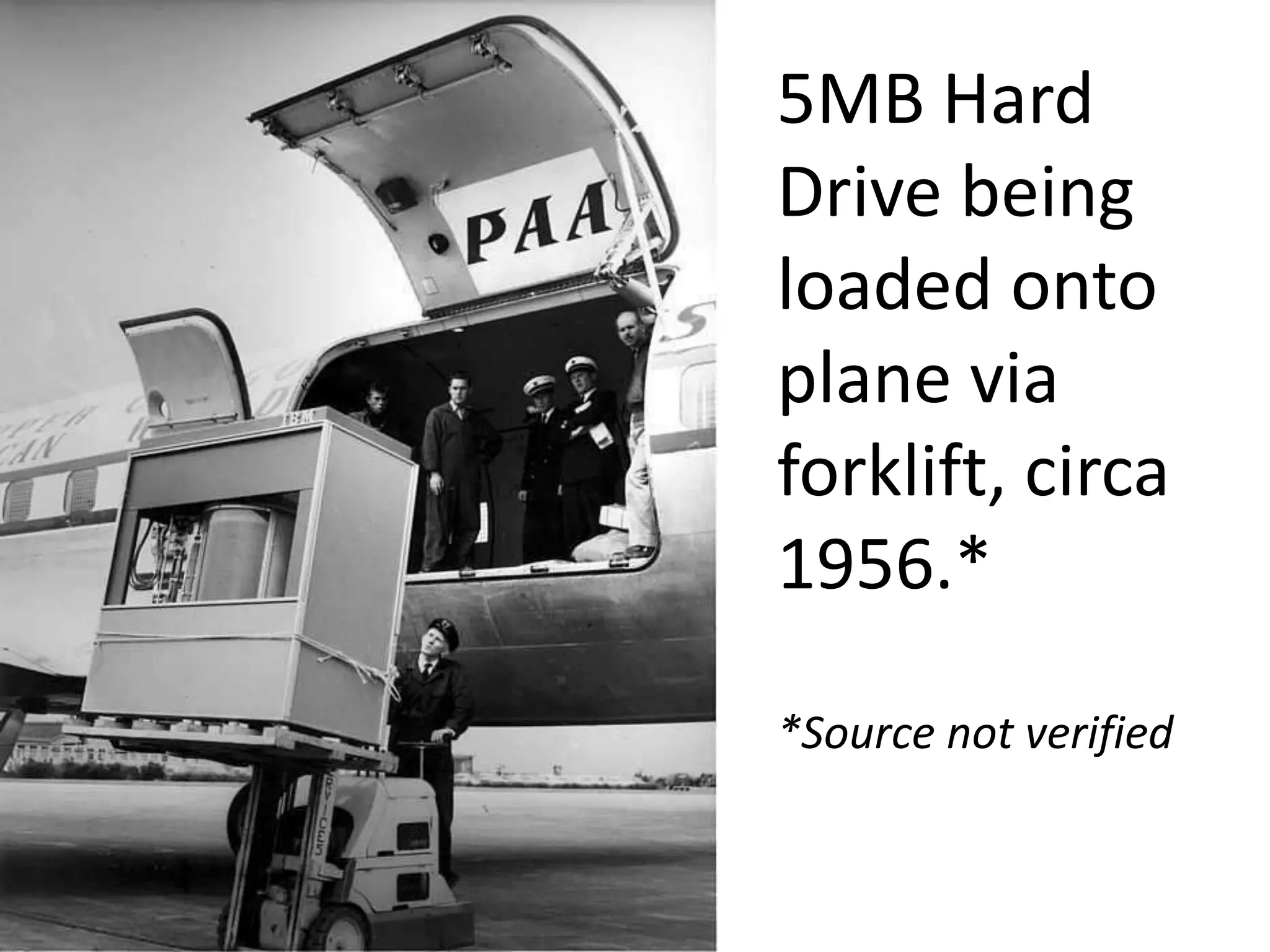 5MB Hard
Drive being
loaded onto
plane via
forklift, circa
1956.*

*Source not verified
 
