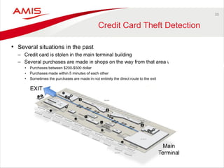 35 
Credit Card Theft Detection 
•Several situations in the past 
–Credit card is stolen in the main terminal building 
–Several purchases are made in shops on the way from that area to the main exit 
•Purchases between $200-$500 dollar 
•Purchases made within 5 minutes of each other 
•Sometimes the purchases are made in not entirely the direct route to the exit 
EXIT 
Main Terminal  