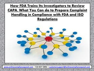 How FDA Trains Its Investigators to Review
CAPA, What You Can do to Prepare Complaint
Handling in Compliance with FDA and ISO
Regulations
www.onlinecompliancepanel.com | 510-857-5896 | customersupport@onlinecompliancepanel.com
 