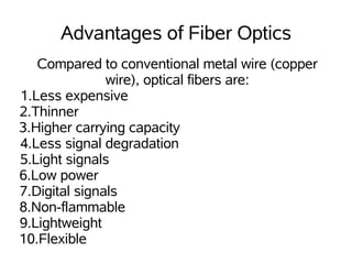 Advantages of Fiber Optics
   Compared to conventional metal wire (copper
               wire), optical fibers are:
1.Less expensive
2.Thinner
3.Higher carrying capacity
4.Less signal degradation
5.Light signals
6.Low power
7.Digital signals
8.Non-flammable
9.Lightweight
10.Flexible
 