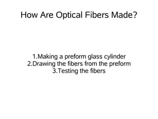 How Are Optical Fibers Made?



   1.Making a preform glass cylinder
 2.Drawing the fibers from the preform
         3.Testing the fibers
 