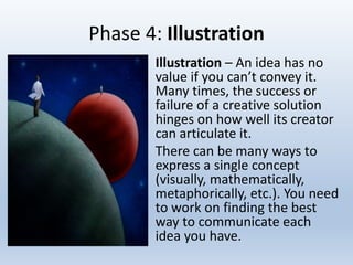 Phase 4: Illustration
• Illustration – An idea has no
value if you can’t convey it.
Many times, the success or
failure of a creative solution
hinges on how well its creator
can articulate it.
• There can be many ways to
express a single concept
(visually, mathematically,
metaphorically, etc.). You need
to work on finding the best
way to communicate each
idea you have.
 